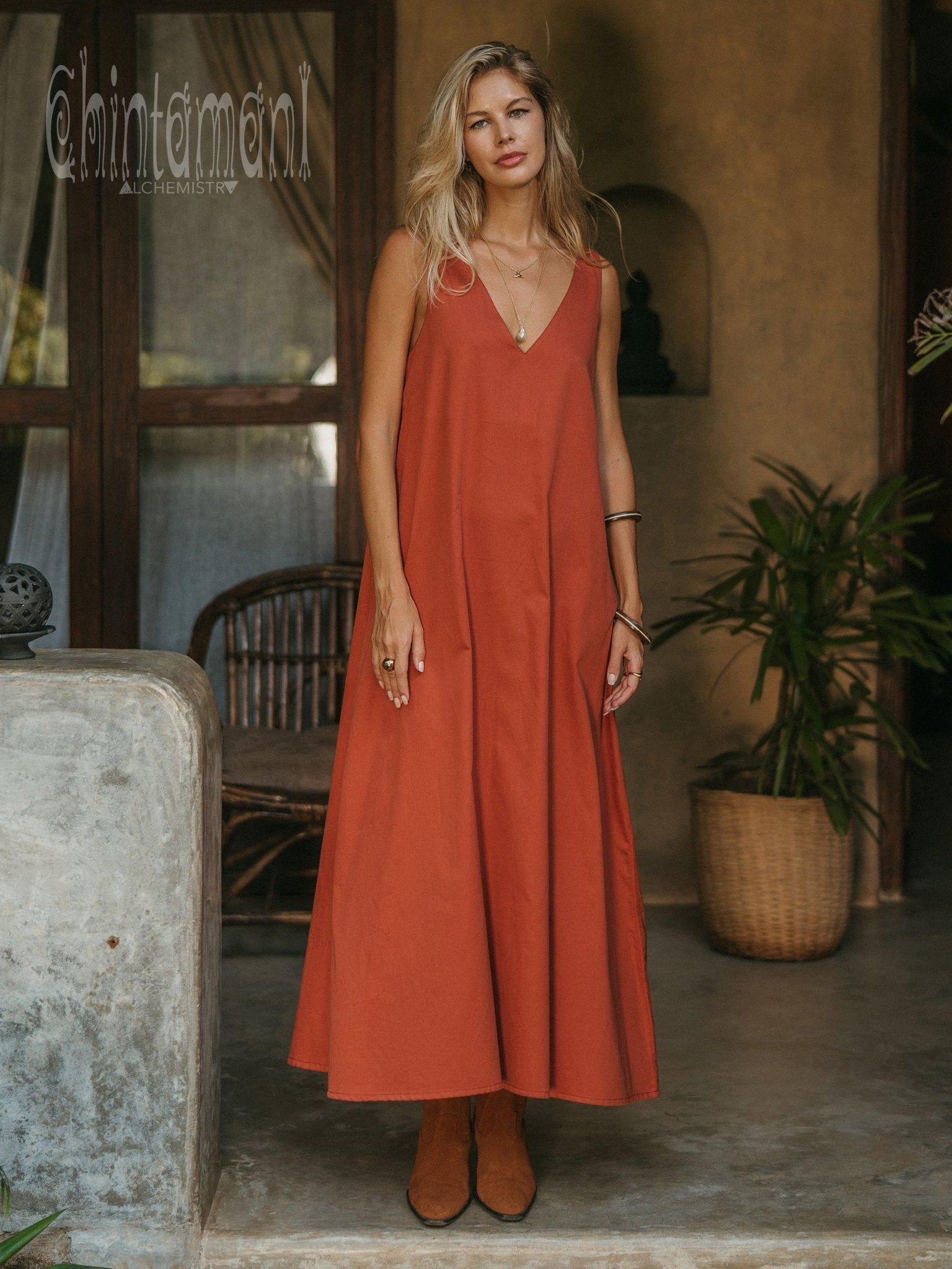 Organic Satin Maxi Dress / Red Ochre - ChintamaniAlchemi
