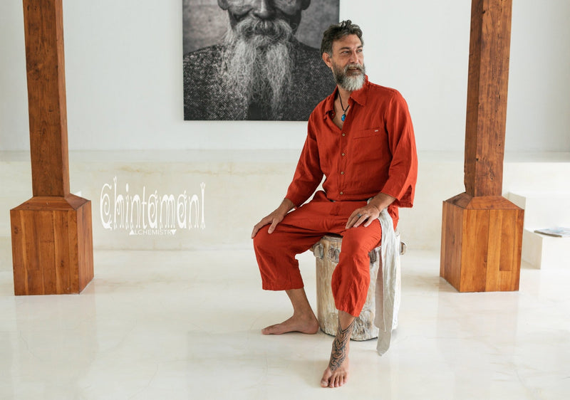 3/4 Linen Overalls for Men / Coverall Jumpsuit with Belt / Red Ohre - ChintamaniAlchemi