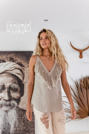 Backless Linen Boho Top with Fringes / Natural Gray - ChintamaniAlchemi