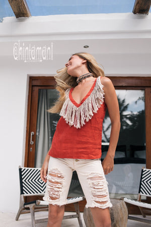Boho Linen Tank Top with Fringes / Red Ochre - ChintamaniAlchemi