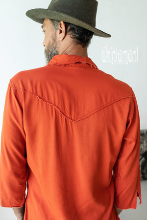Cotton Boho Shirt for Men with 3/4 sleeves / Red Ochre - ChintamaniAlchemi