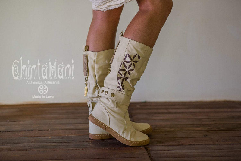 Cotton Canvas Vegan Boots / High Shoes with Flower of Life Print / Off White - ChintamaniAlchemi