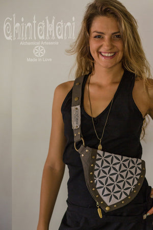 Cotton Canvas Vegan Pocket Belt Waist Bag / Flower of Life Print / Grey - ChintamaniAlchemi