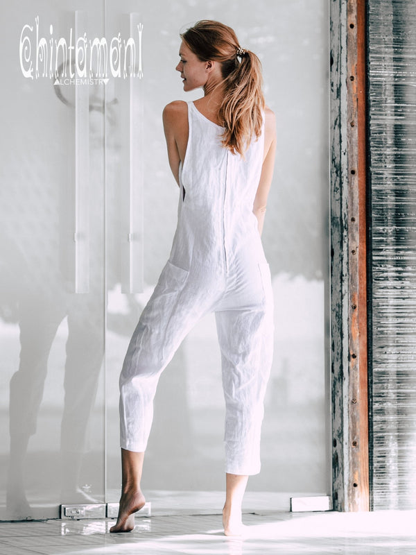 Fitted Linen Jumpsuit 3 4 Women Midi Overalls with Pockets Back Zi ChintamaniAlchemi