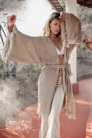 Gypsy Wide Sleeve Wrap Kimono of Raw Cotton / Boho Cardigan Robe / Beige - ChintamaniAlchemi
