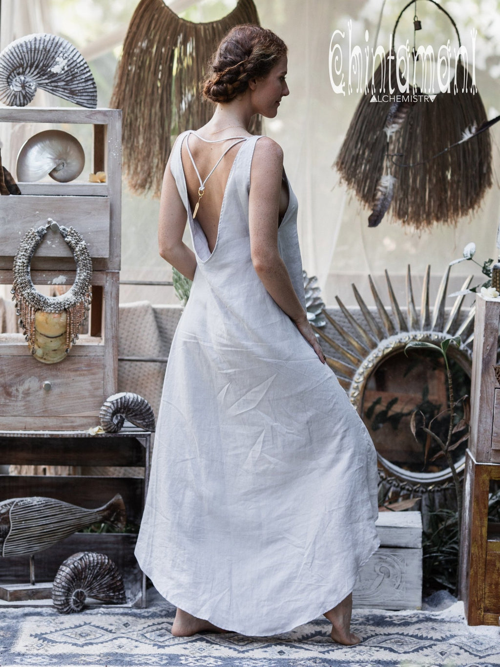 High Low Linen Maxi Dress with Open Back / Grey - ChintamaniAlchemi