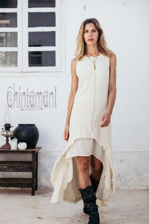 High Low Raw Cotton Long Dress with Double Layer / Aroha Tino Off White - ChintamaniAlchemi