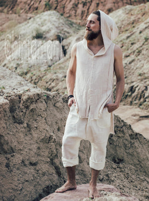 Hooded Vest Shirt for Men / Ripped Tank Top on Buttons with Huge Hood / Off White - ChintamaniAlchemi