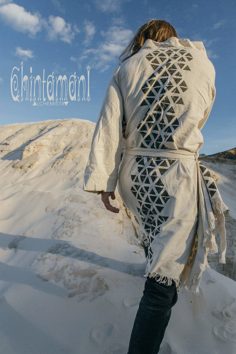 Huge Raw Cotton Mens Wrap Cardigan Coat / Kimono Cloak or Cape / Aroha Atua Off White - ChintamaniAlchemi