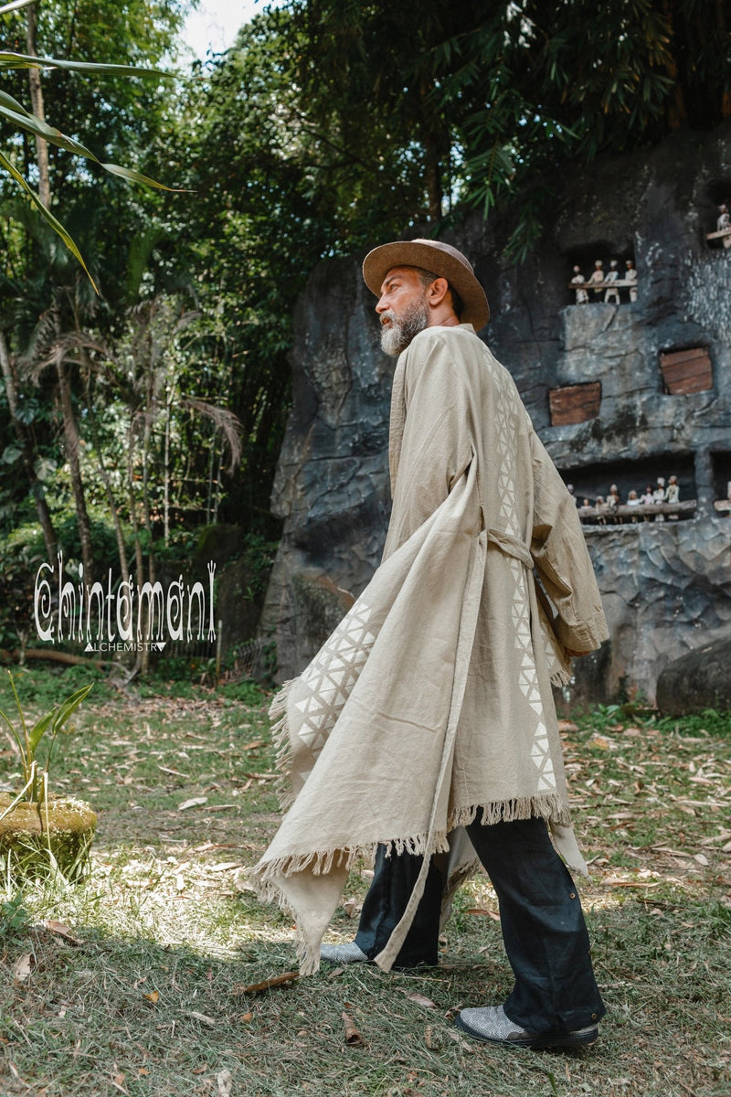 Huge Raw Cotton Mens Wrap Cardigan Coat / Kimono Cloak or Cape / Sage Green - ChintamaniAlchemi