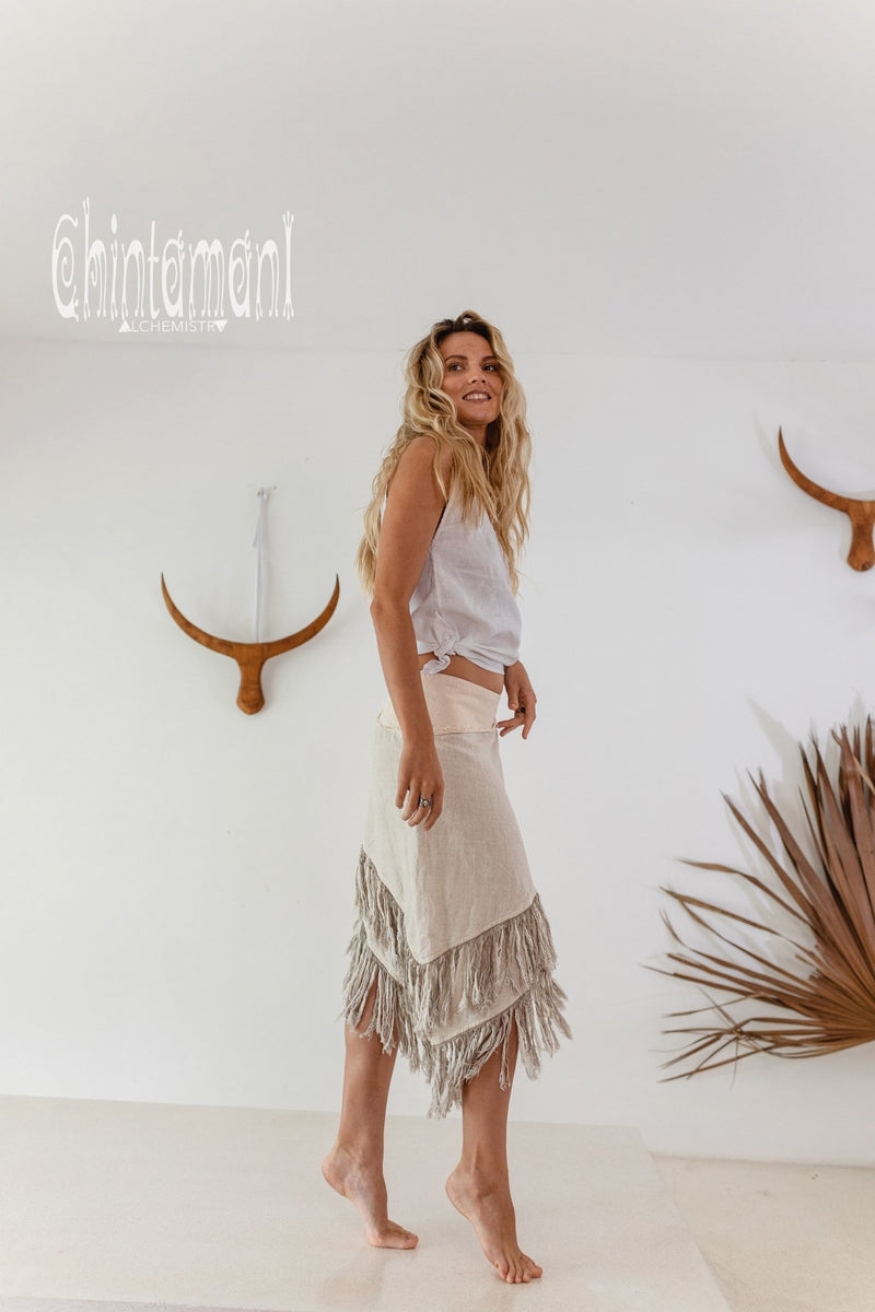 Linen Boho Wrap Skirt with Fringes / Cream - ChintamaniAlchemi