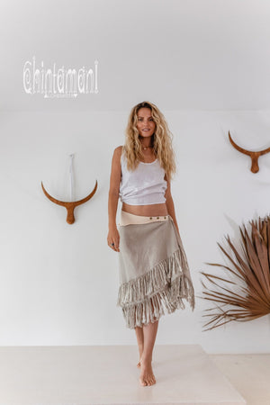 Linen Boho Wrap Skirt with Fringes / Natural Gray - ChintamaniAlchemi