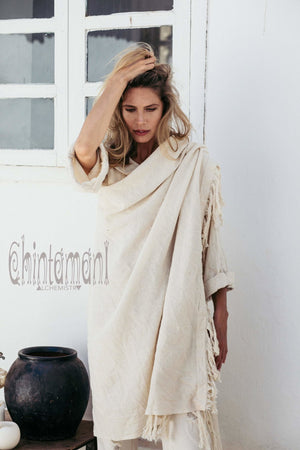 Long Fringe Kimono Wrap Cardigan for Women / Aroha Tino Off White - ChintamaniAlchemi