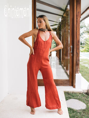 Long Linen Jumpsuit for Women / Maxi Overalls with Back Zip / Red Ochre - ChintamaniAlchemi
