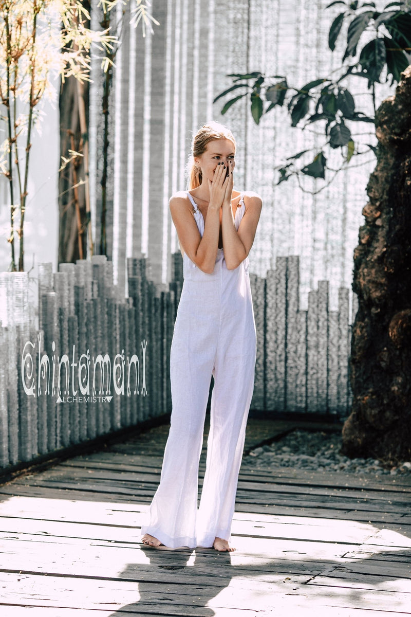 Long Linen Jumpsuit for Women / Maxi Overalls with Back Zip / White