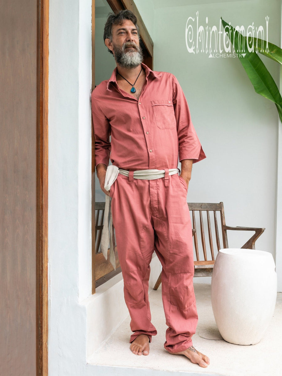 Long Overalls for Men / Coverall Jumpsuit with Belt / Raspberry