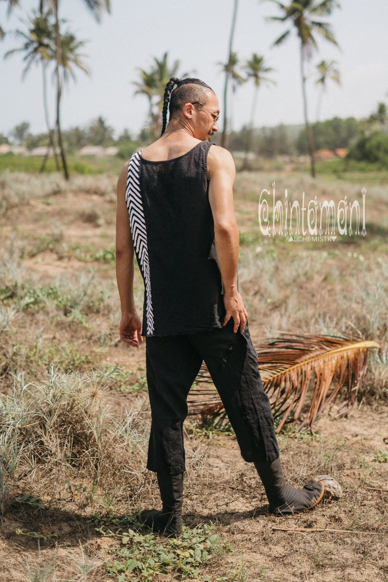 Organic Mens Vest Top with Corners Print / Black - ChintamaniAlchemi