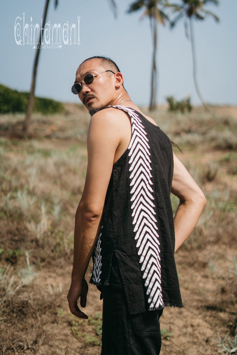 Organic Mens Vest Top with Corners Print / Black - ChintamaniAlchemi