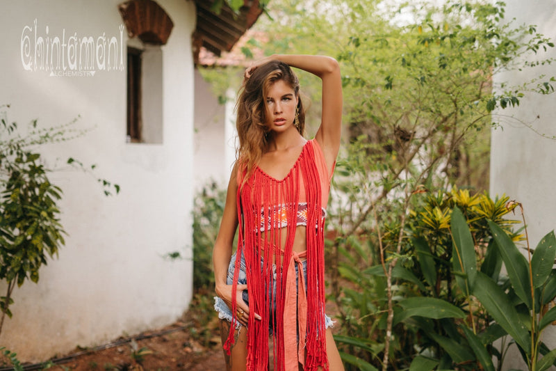 Rope Necklace Boho Top with Tribal Belt / Salmon Red - ChintamaniAlchemi