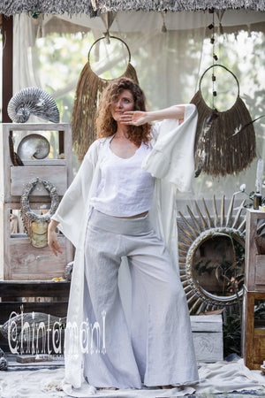 Women Linen Flare Slit Pants / Long Palazzo Trousers / Grey - ChintamaniAlchemi