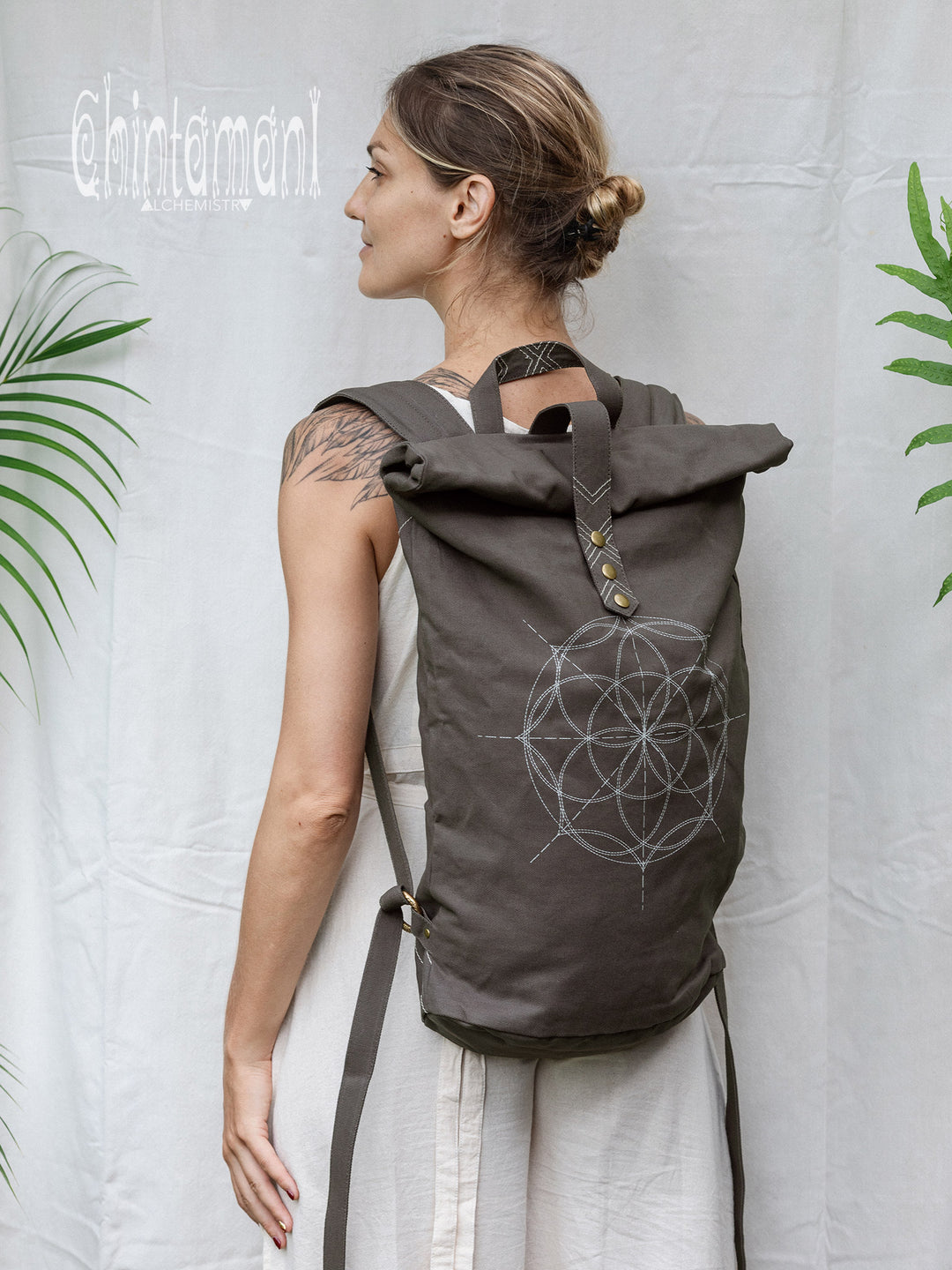 Flower RollTop Backpack / Dark Gray