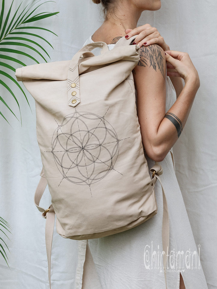 Flower RollTop Backpack / Light Gray