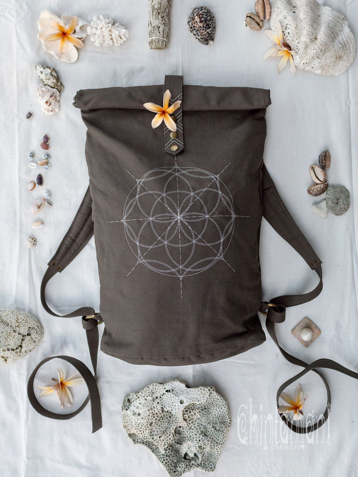 Flower RollTop Backpack / Dark Gray