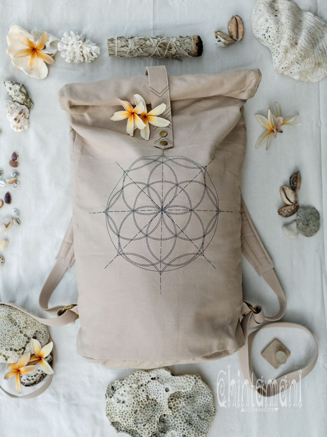 Flower RollTop Backpack / Light Gray