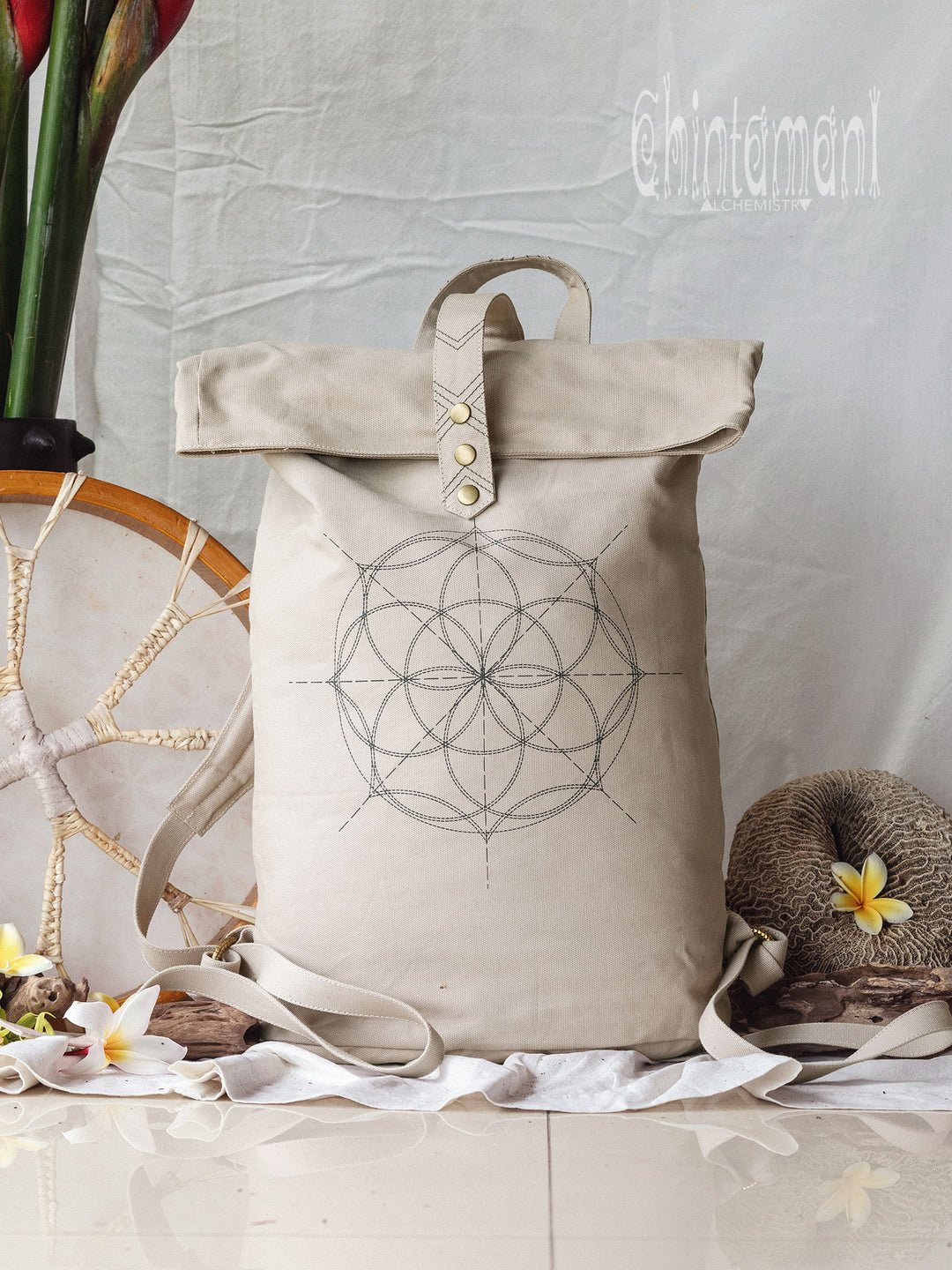 Flower RollTop Backpack / Light Gray