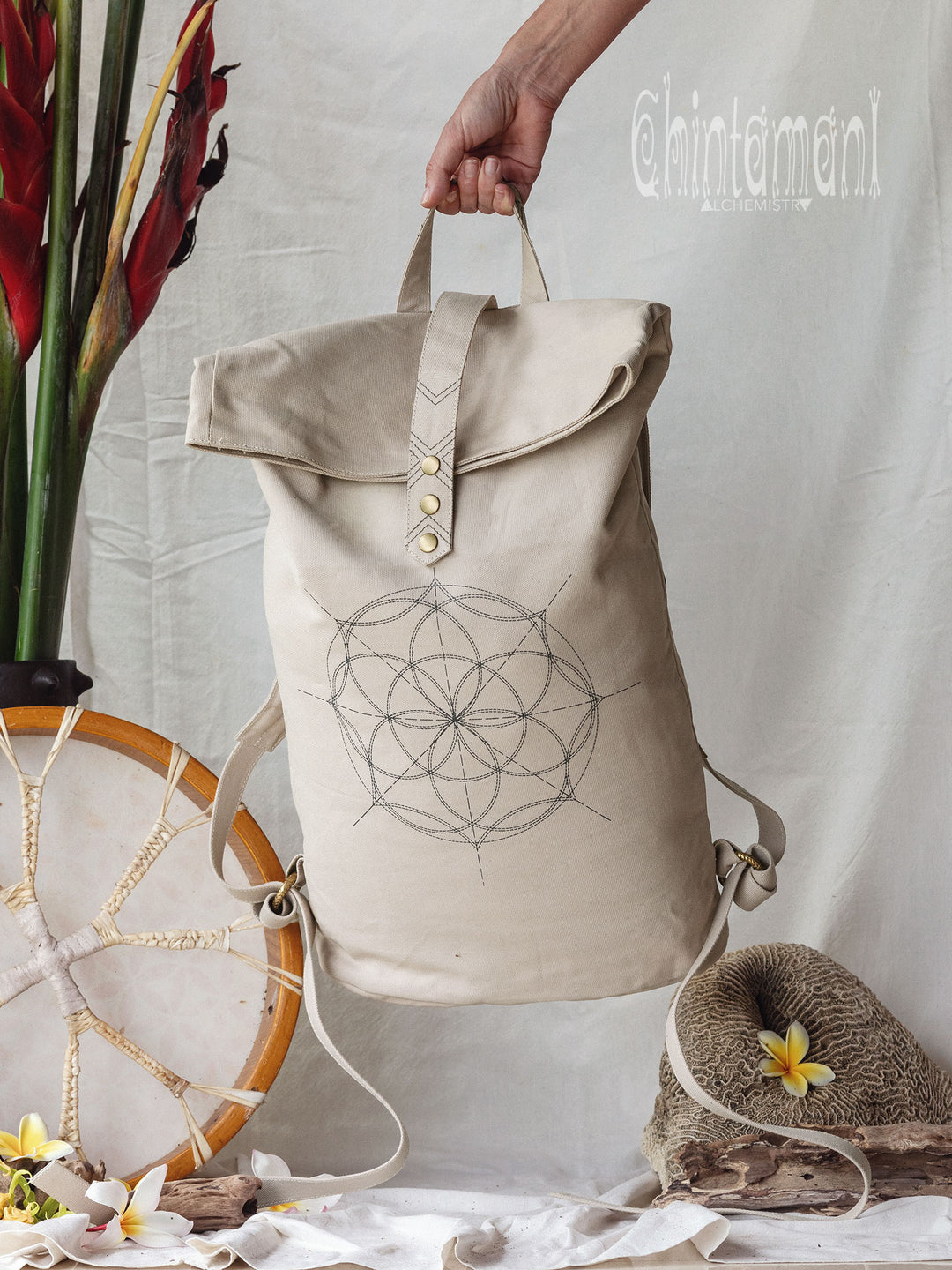 Flower RollTop Backpack / Light Gray