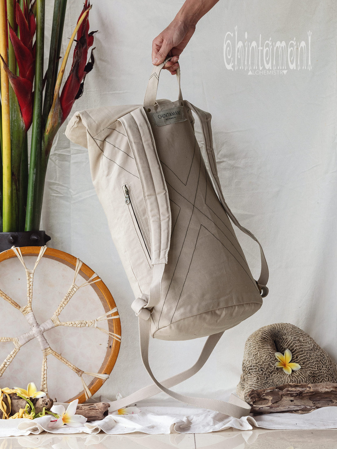 Flower RollTop Backpack / Light Gray