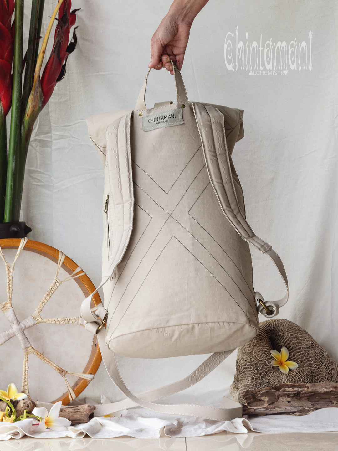 Flower RollTop Backpack / Light Gray