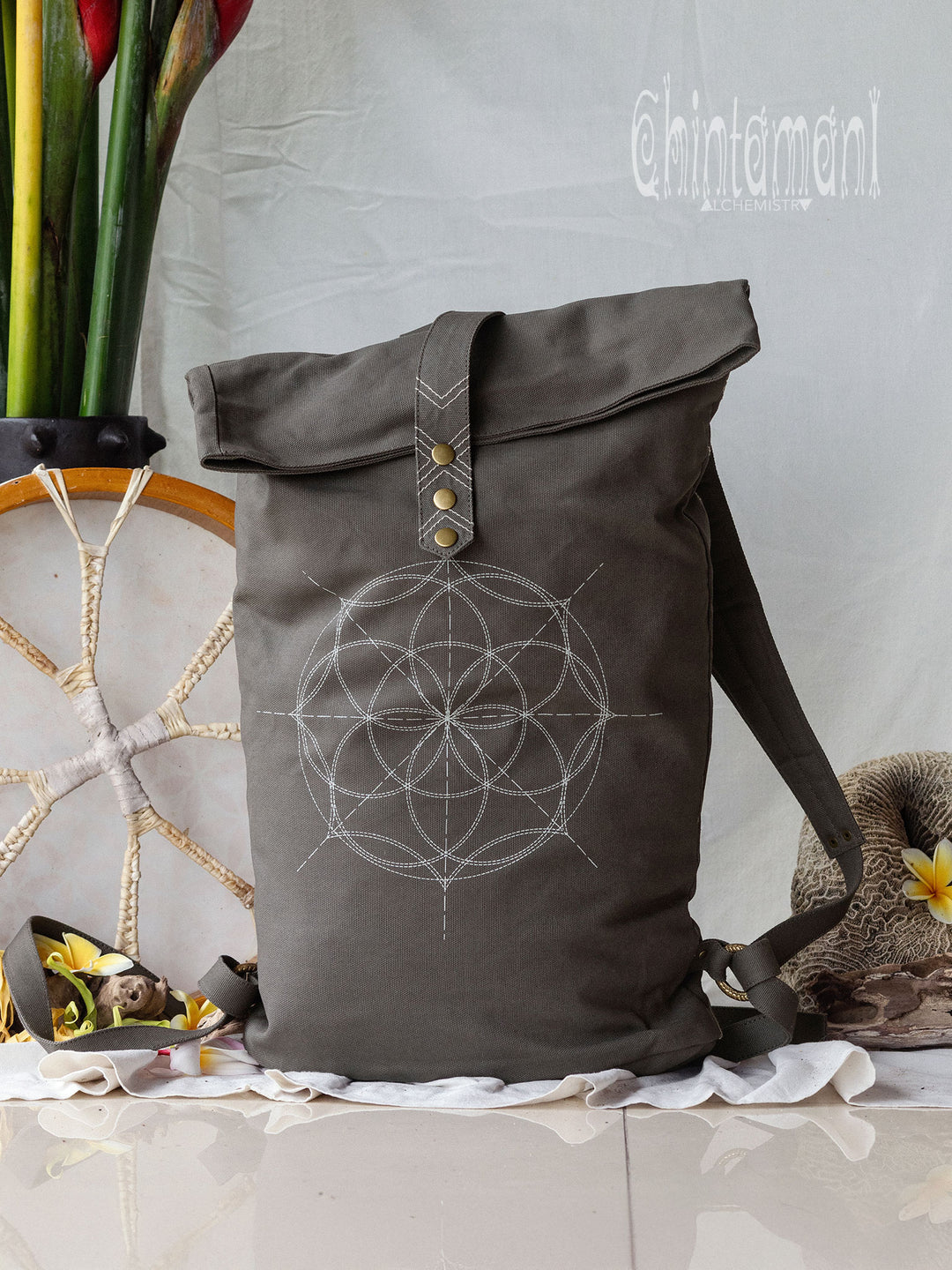 Flower RollTop Backpack / Dark Gray