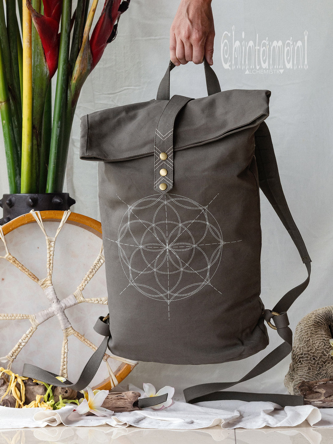 Flower RollTop Backpack / Dark Gray