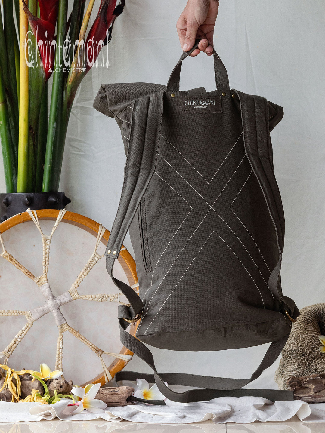 Flower RollTop Backpack / Dark Gray