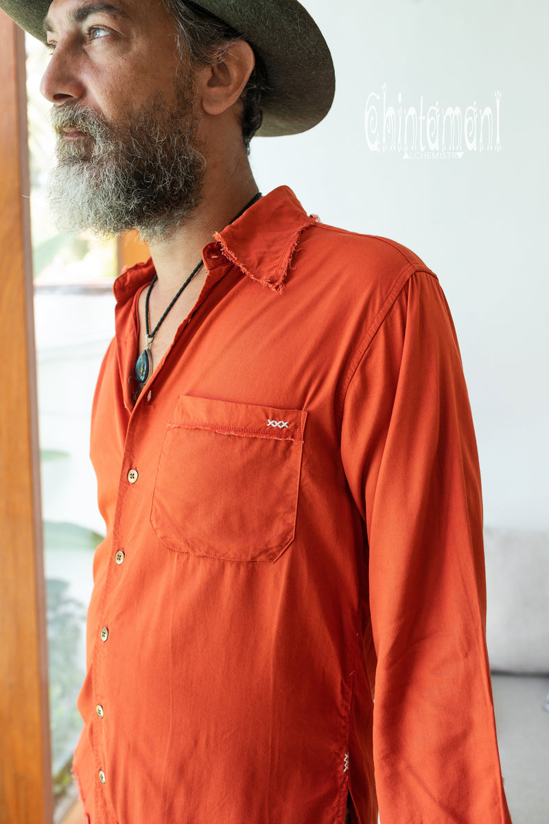 Cotton Boho Shirt for Men with 3/4 sleeves / Red Ochre