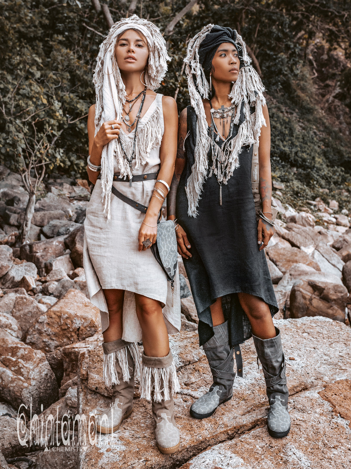 Fringe Linen Mini Dress / Natural Grey