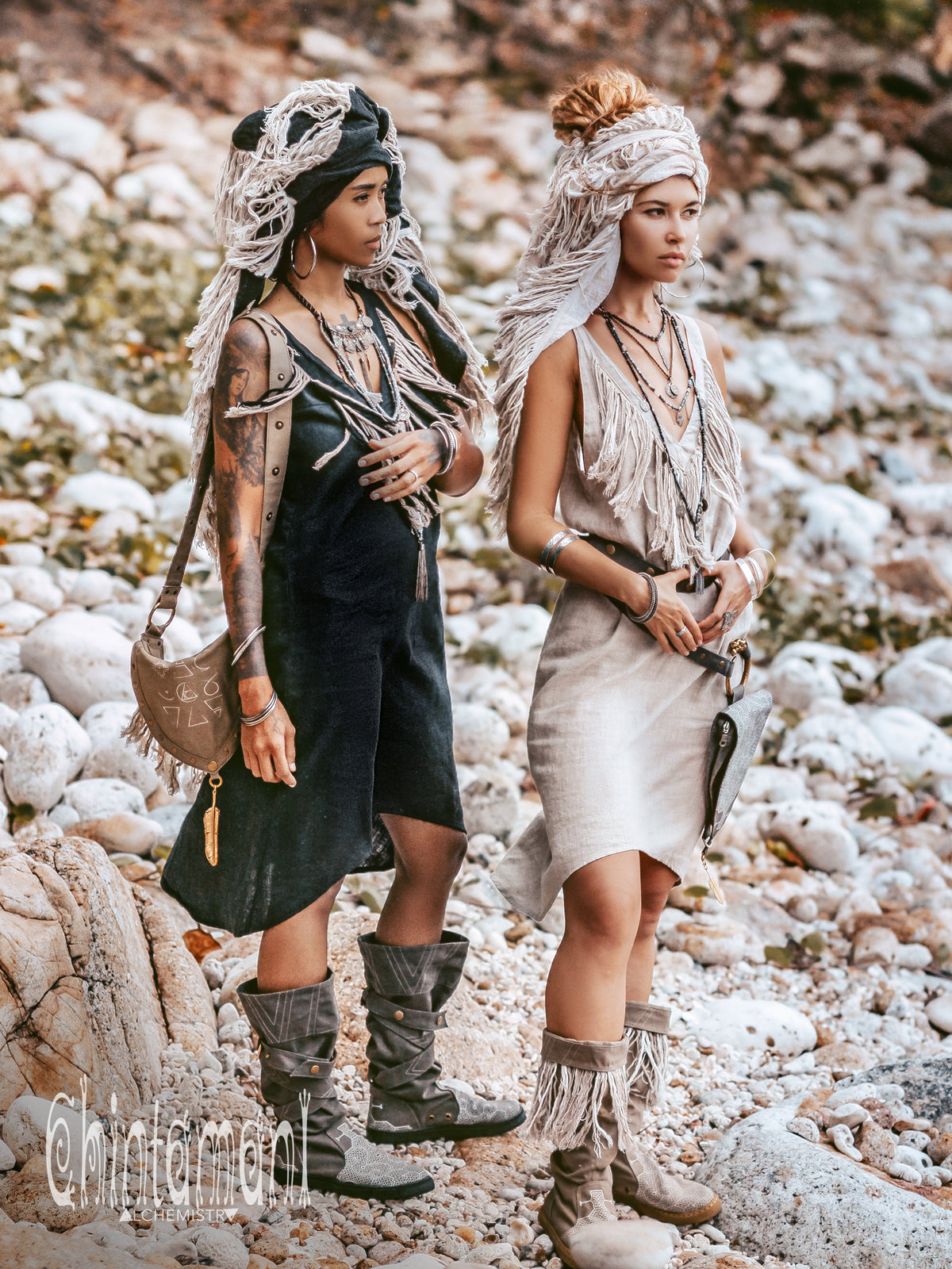 Fringe Linen Mini Dress / Natural Grey