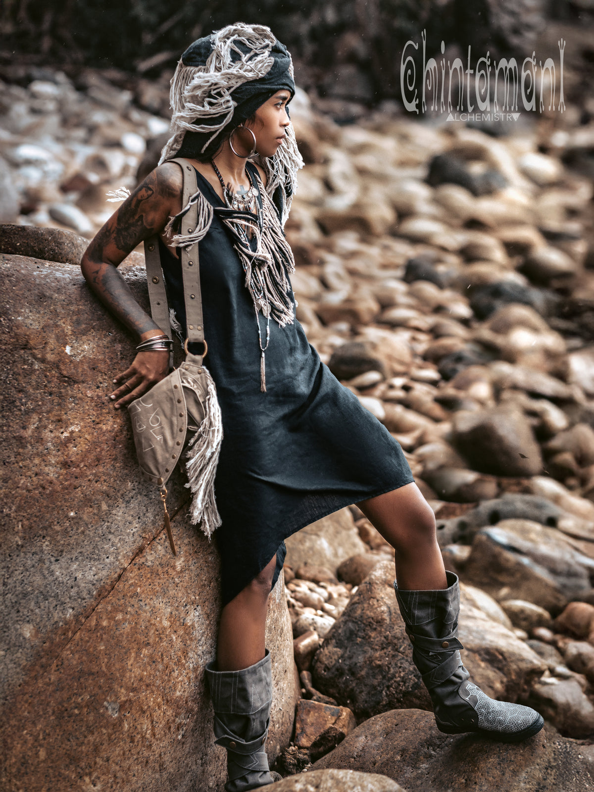 Fringe Linen Mini Dress / Black