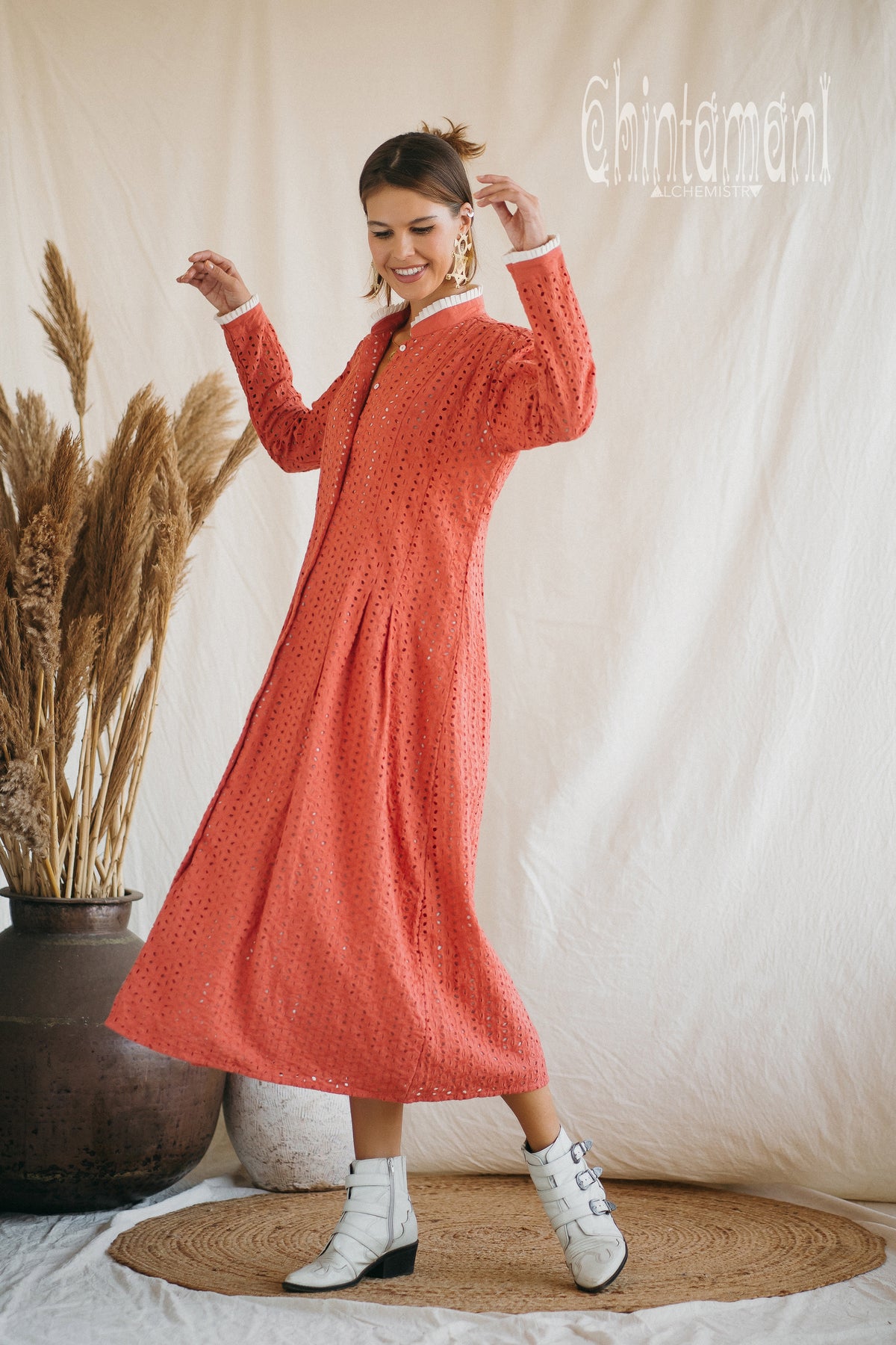 Certified Organic Cotton Midi Dress with Flower Eyelets / Coral Rose