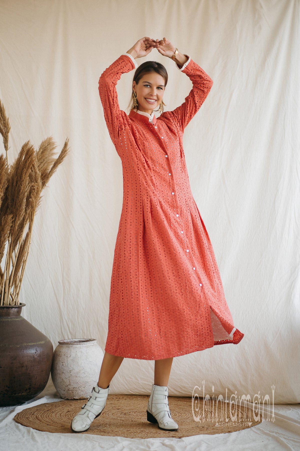 Certified Organic Cotton Midi Dress with Flower Eyelets / Coral Rose