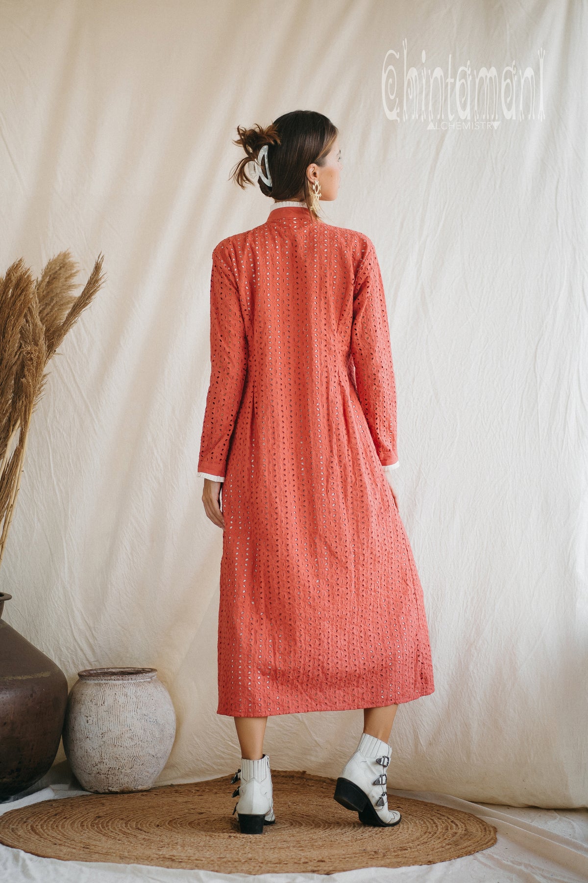 Certified Organic Cotton Midi Dress with Flower Eyelets / Coral Rose