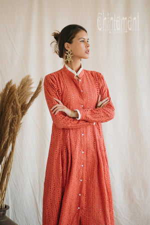 Certified Organic Cotton Midi Dress with Flower Eyelets / Coral Rose