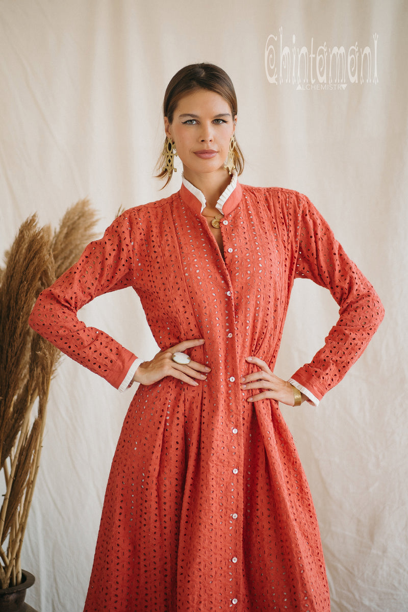 Certified Organic Cotton Midi Dress with Flower Eyelets / Coral Rose
