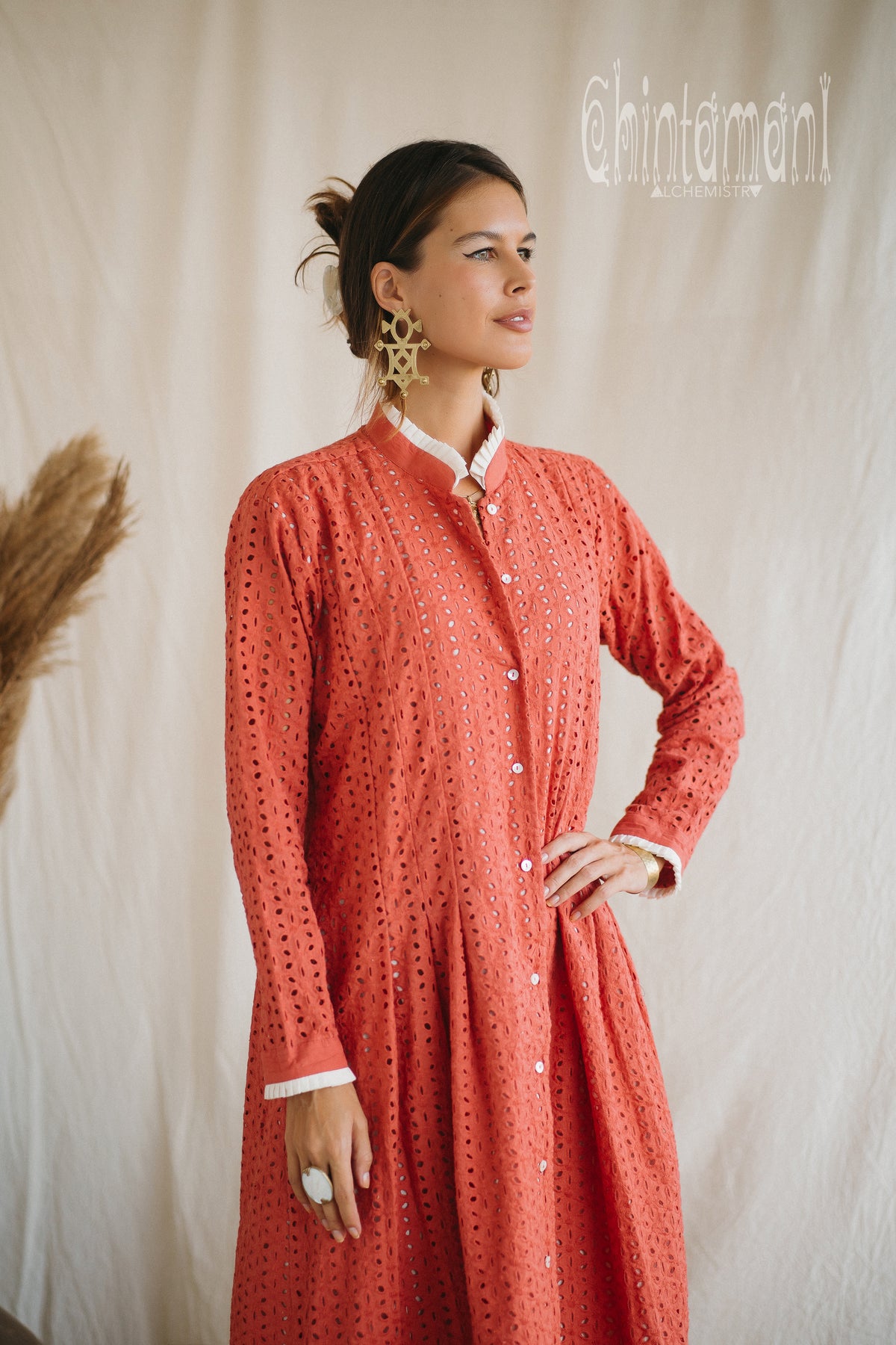 Certified Organic Cotton Midi Dress with Flower Eyelets / Coral Rose