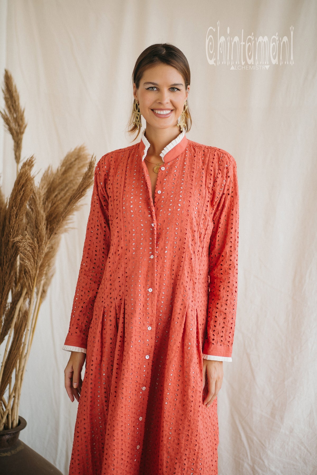 Certified Organic Cotton Midi Dress with Flower Eyelets / Coral Rose