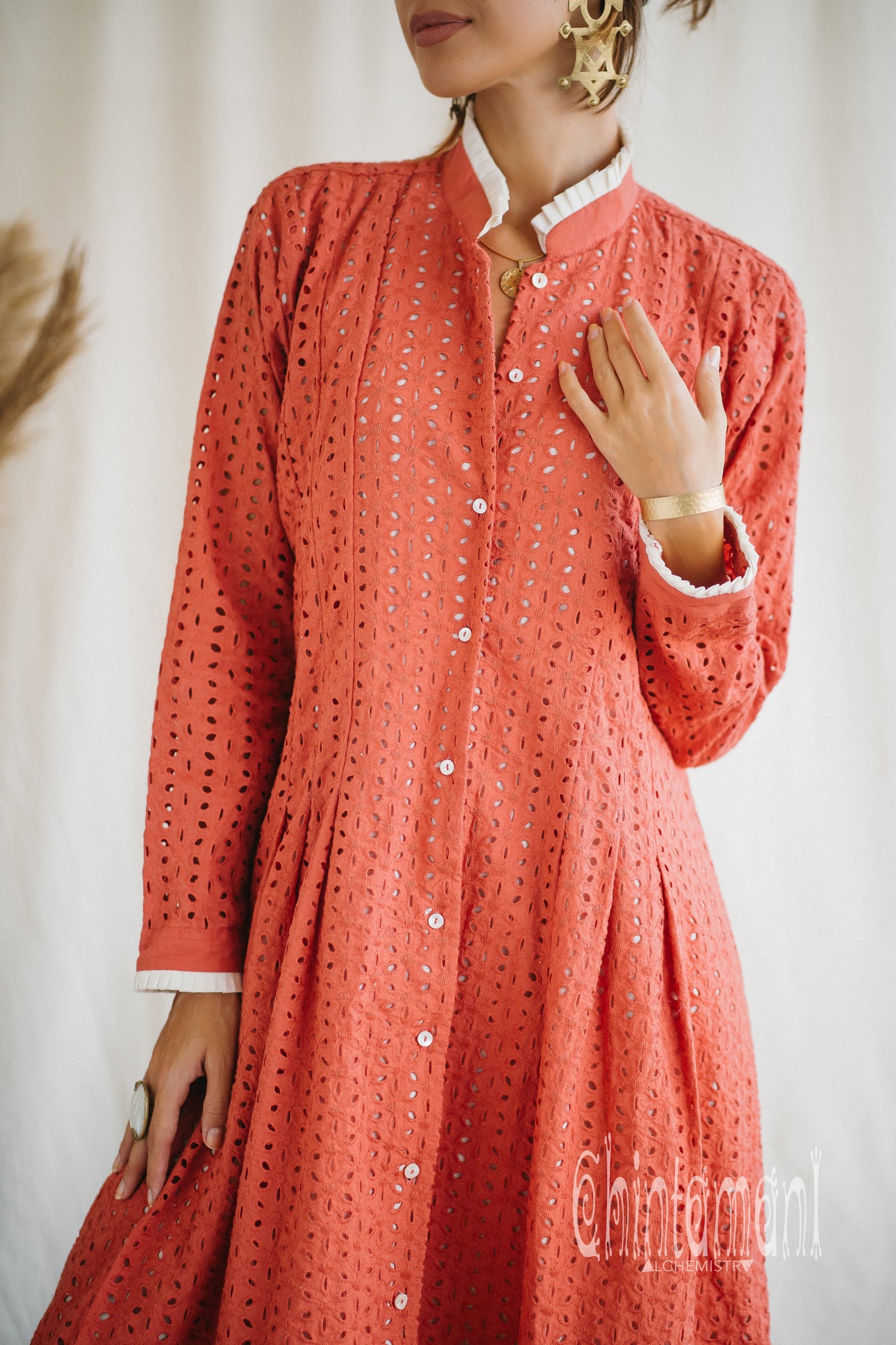 Certified Organic Cotton Midi Dress with Flower Eyelets / Coral Rose