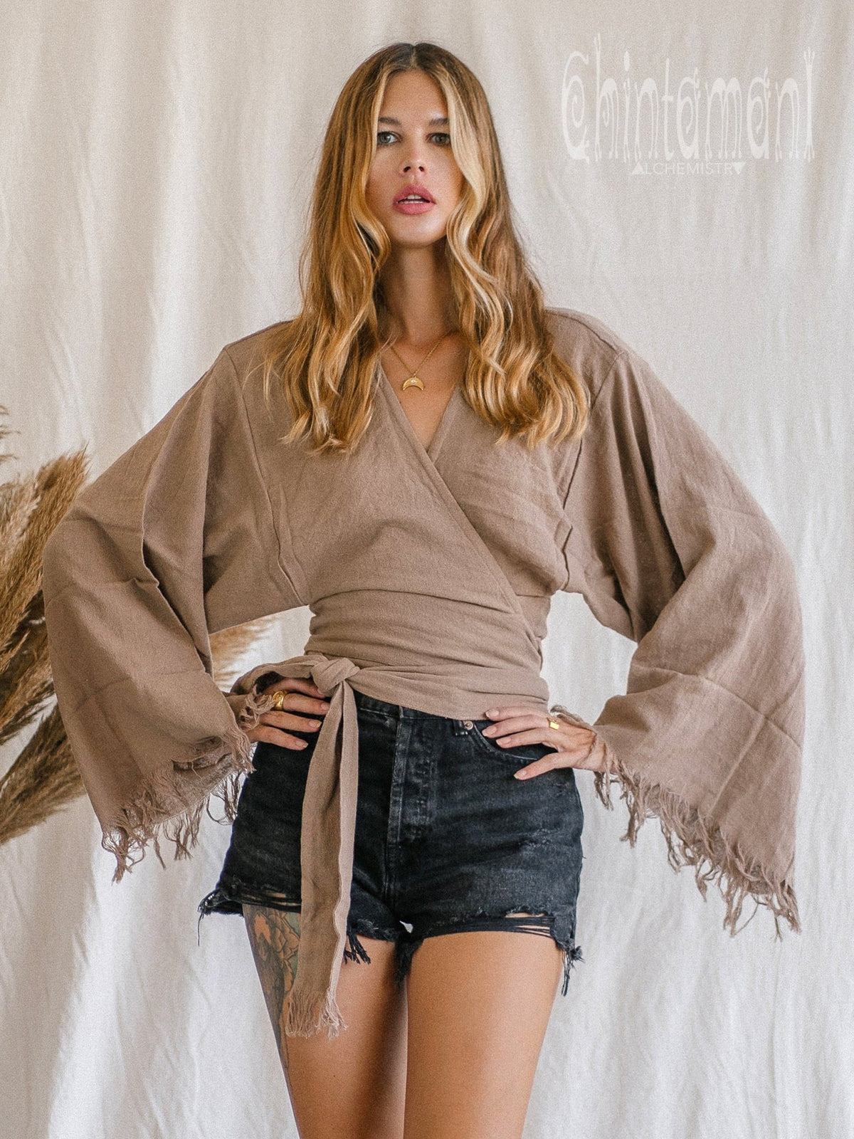 Boho Kimono Wrap Top for Women / Wide Sleeve Organic Crop Top / Coffee - ChintamaniAlchemi