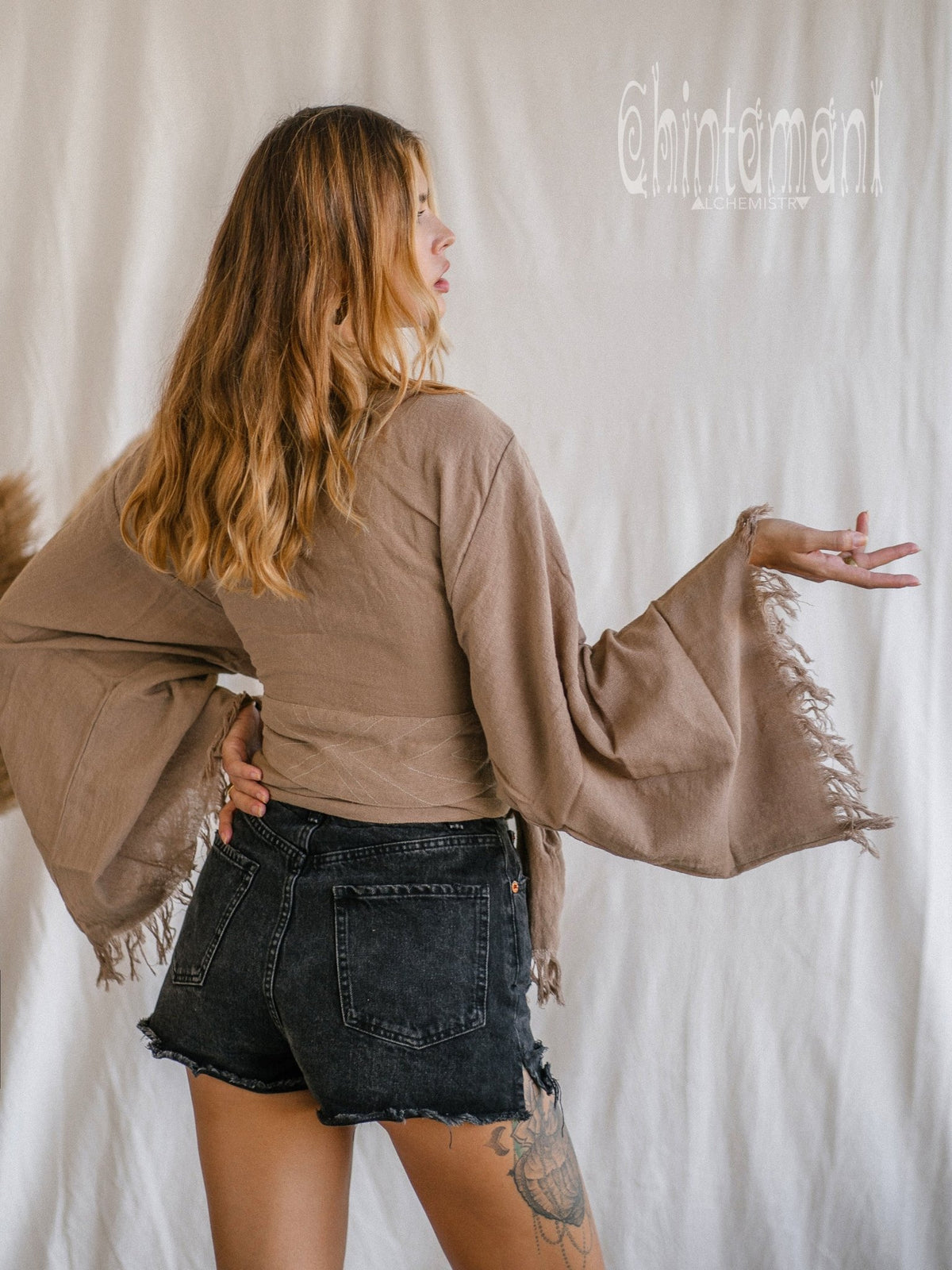 Boho Kimono Wrap Top for Women / Wide Sleeve Organic Crop Top / Coffee - ChintamaniAlchemi