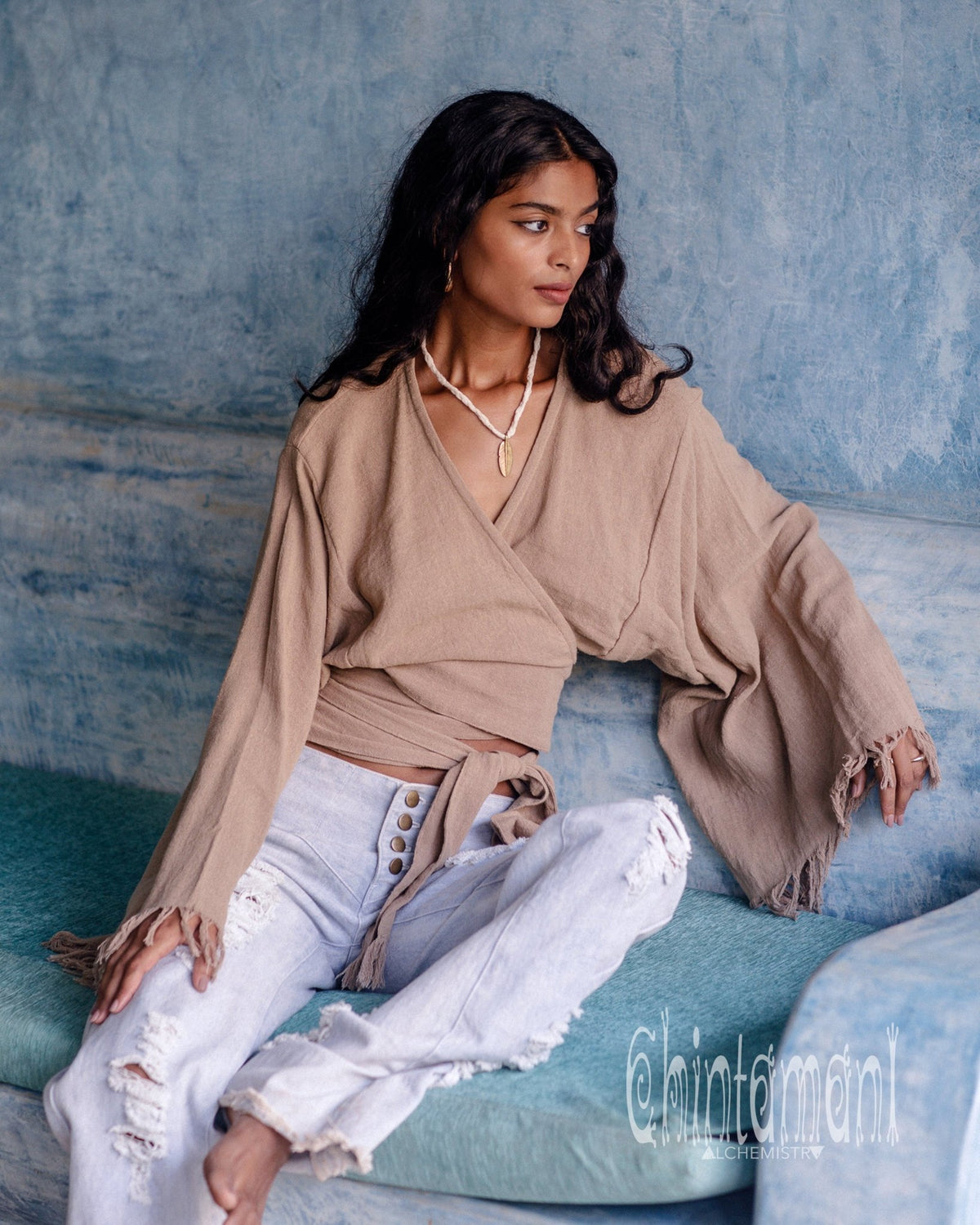 Boho Kimono Wrap Top for Women / Wide Sleeve Organic Crop Top / Coffee - ChintamaniAlchemi